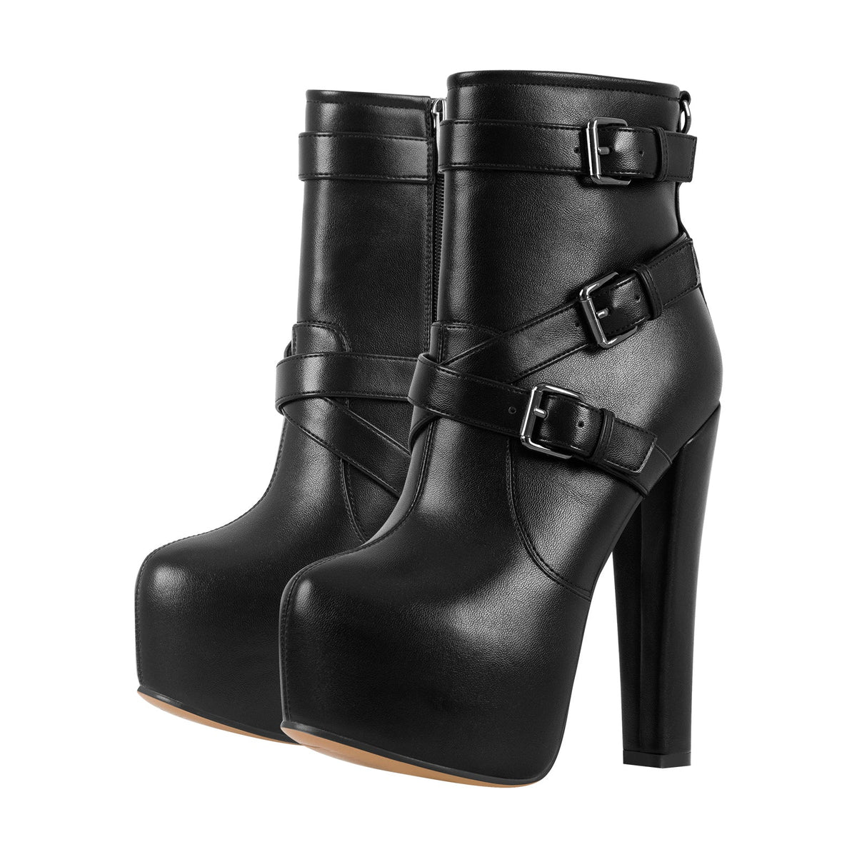 Round Toe Platform Chunky Buckle Zipper Ankle Boots - Onlymaker