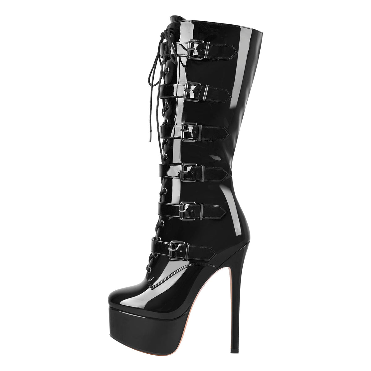Black Patent Leather Platform Lace Up Knee High Boots - Onlymaker