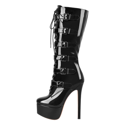 Black Patent Leather Platform Lace Up Knee High Boots - Onlymaker