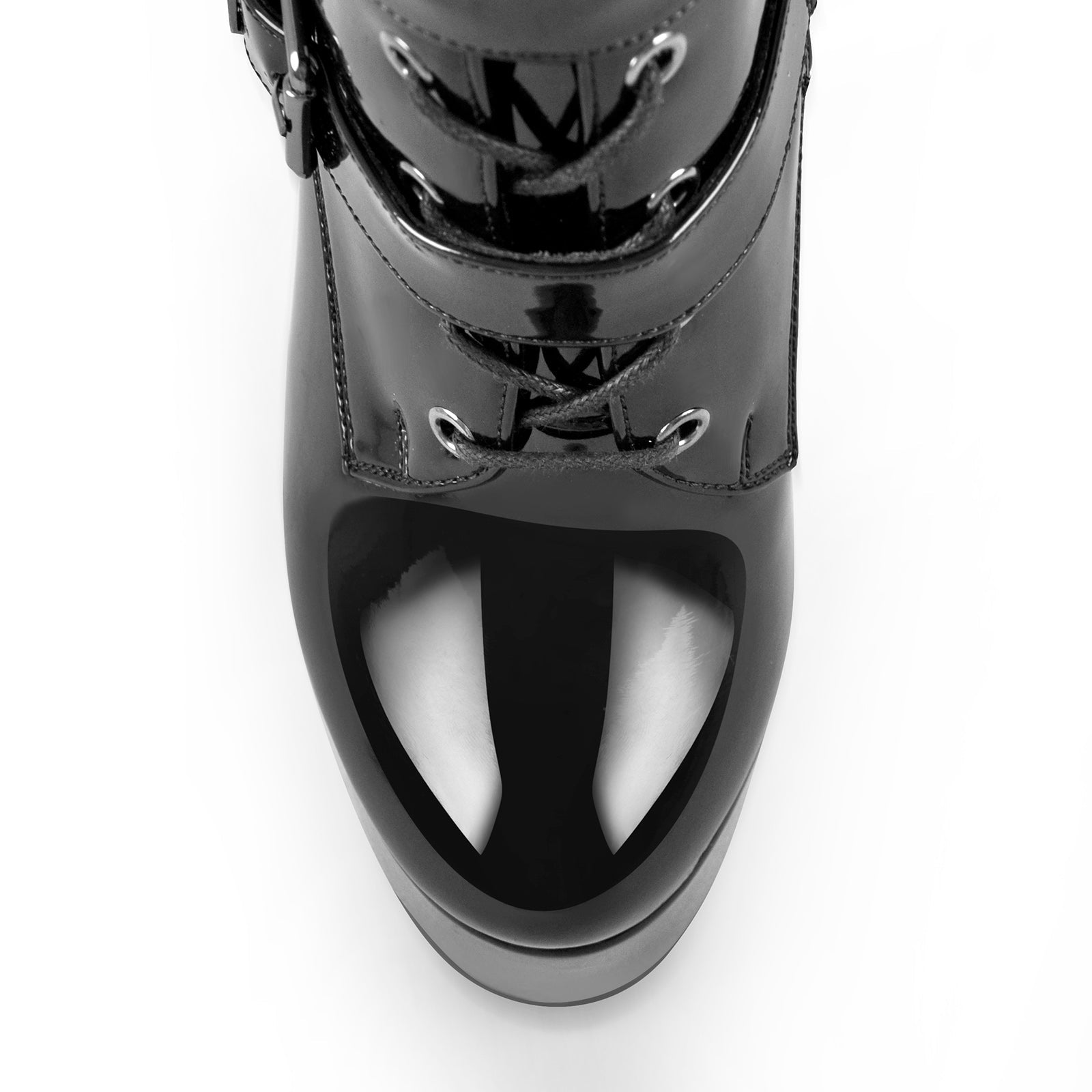 Black Patent Leather Platform Lace Up Knee High Boots - Onlymaker