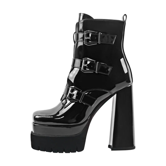 Double Platform Strap Buckle Ankle Boots - Onlymaker