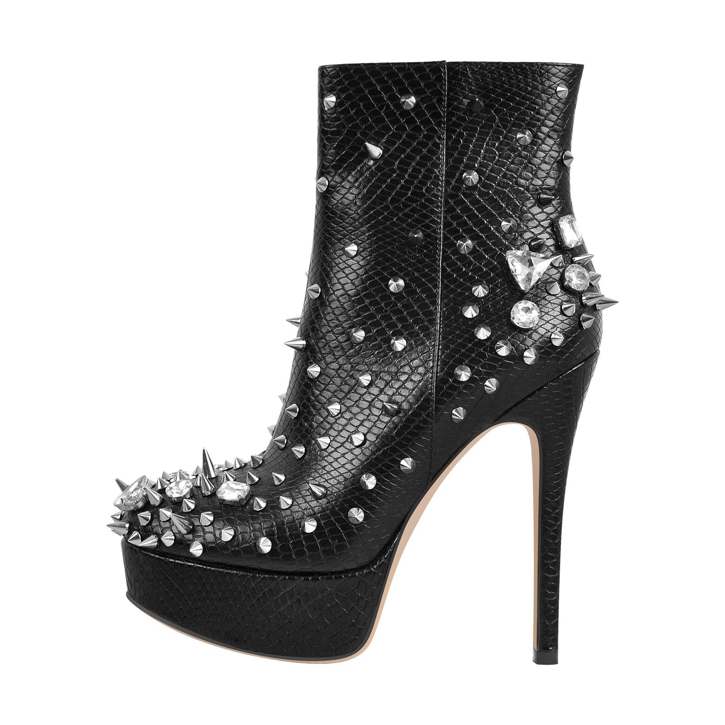 Black Rhinestone Rivet Studded Platform Ankle Boots - Onlymaker