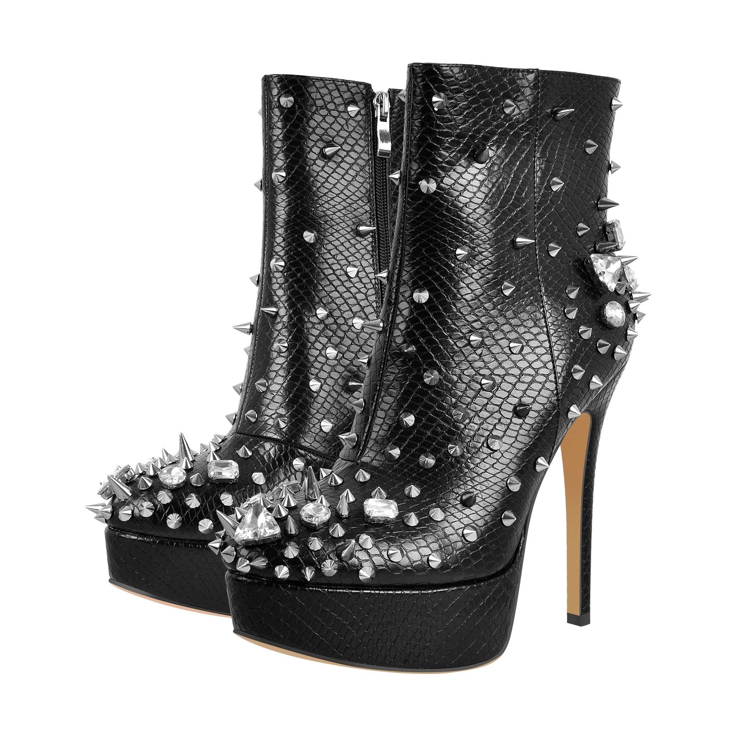Black Rhinestone Rivet Studded Platform Ankle Boots - Onlymaker