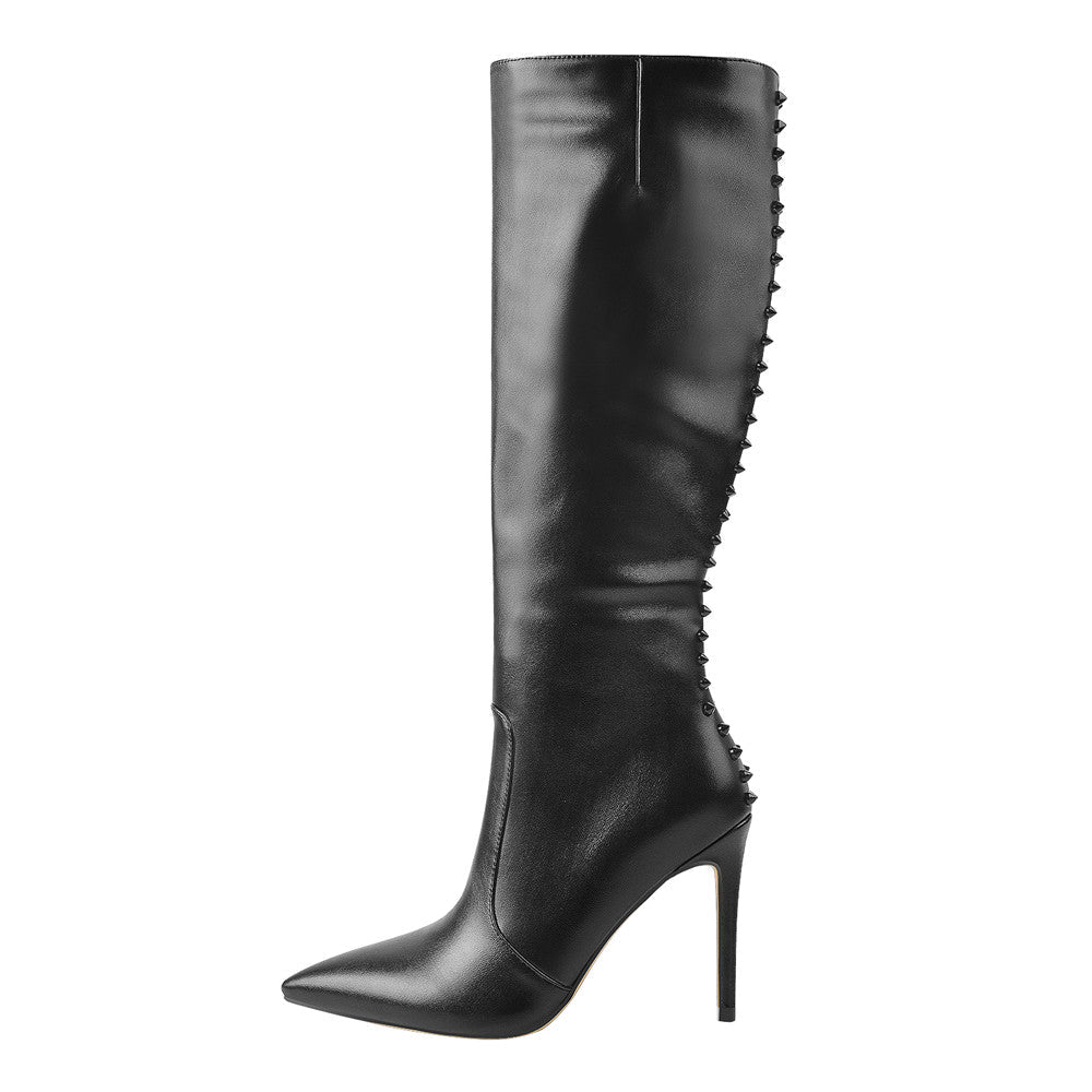 Rivet Pointed Toe Stiletto Knee High Boots - Onlymaker