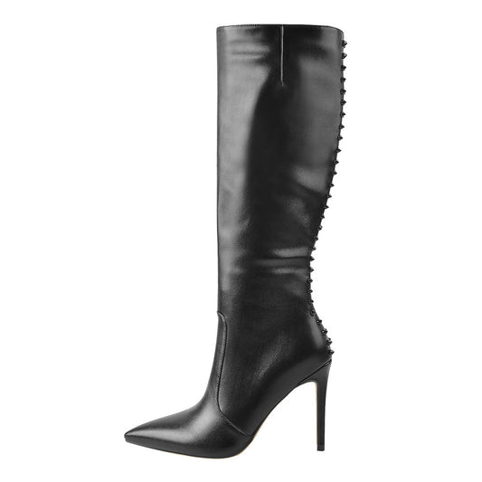 Rivet Pointed Toe Stiletto Knee High Boots - Onlymaker