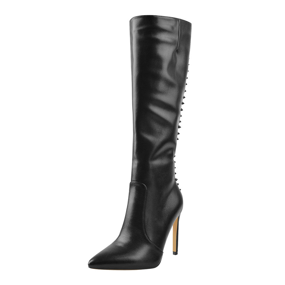 Rivet Pointed Toe Stiletto Knee High Boots - Onlymaker