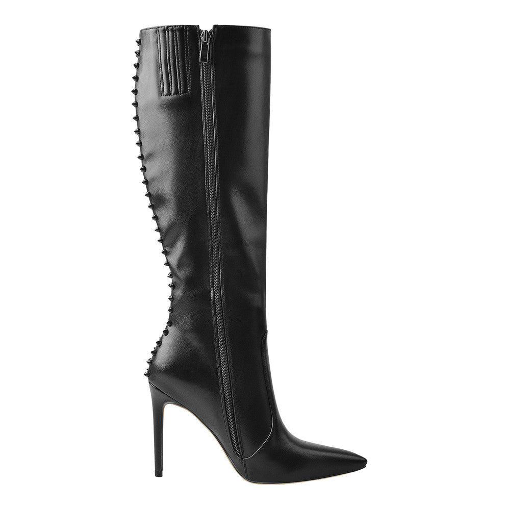 Rivet Pointed Toe Stiletto Knee High Boots - Onlymaker
