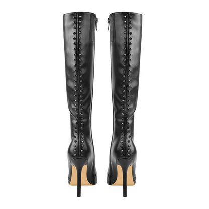 Rivet Pointed Toe Stiletto Knee High Boots - Onlymaker