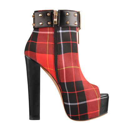 Peep Toe Rivet Leather Canvas Stitching Platform Chunky High Heel Boot - Onlymaker