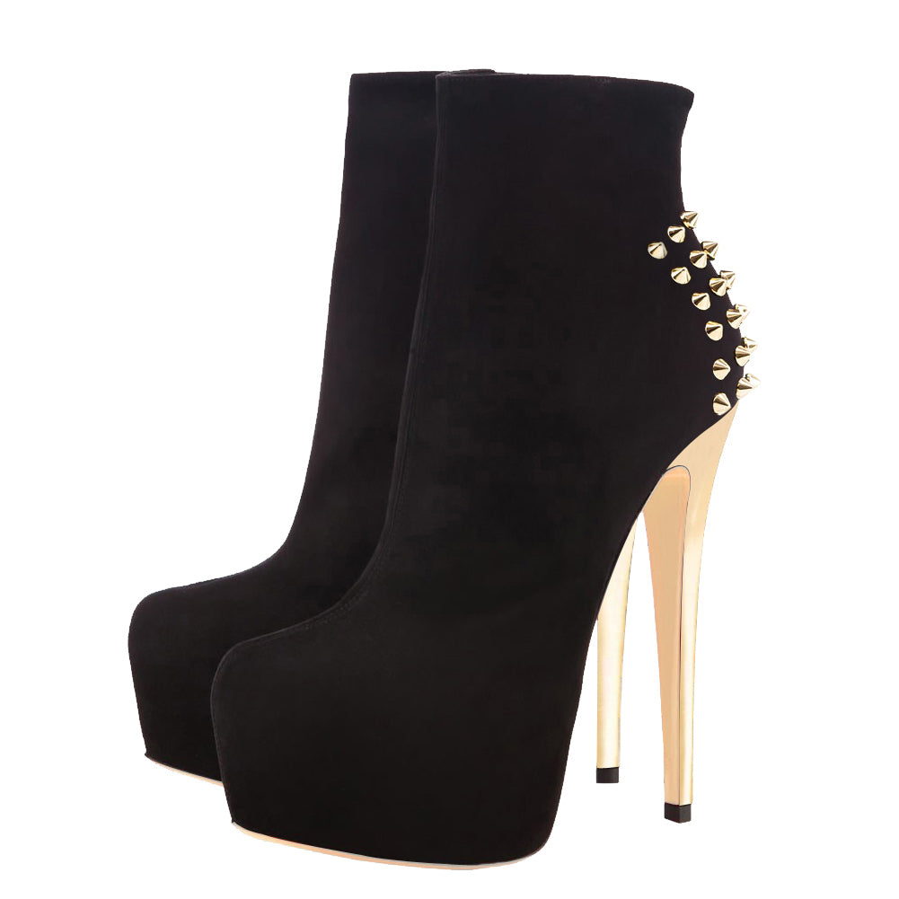 Black Suede Platform Golden Rivet Stiletto High Heel Ankle Boots - Onlymaker