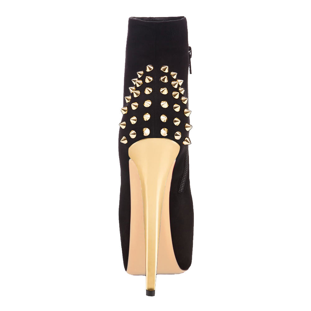 Black Suede Platform Golden Rivet Stiletto High Heel Ankle Boots - Onlymaker