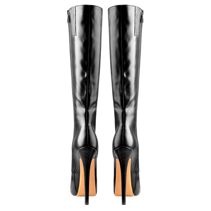 Black Platform Lace-Up Knee High Stiletto Boots - Onlymaker