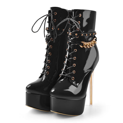Patent Leather Platform Lace Up Ankle Boots - Onlymaker