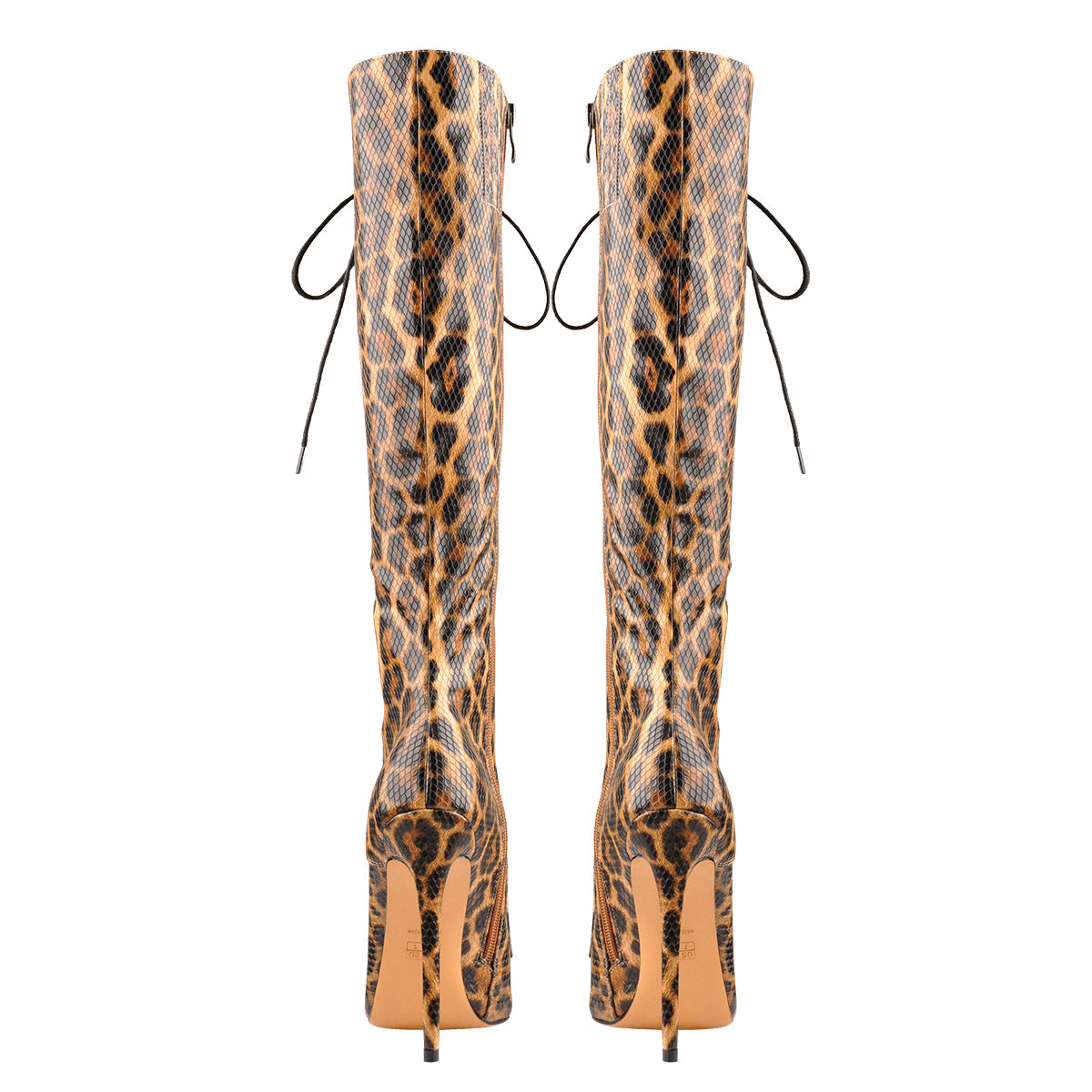 Lace up Leopard Pointed Toe Knee High Boots - Onlymaker