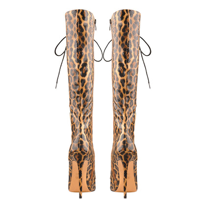 Lace up Leopard Pointed Toe Knee High Boots - Onlymaker