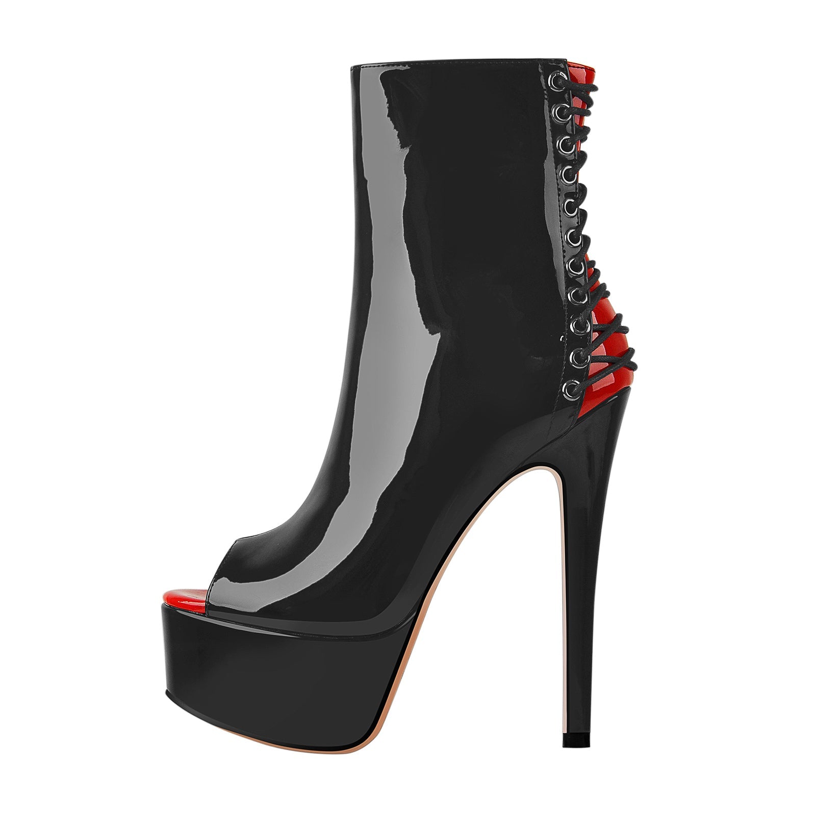 Red Peep Toe Patent Leather Zipper Ankle Boots - Onlymaker