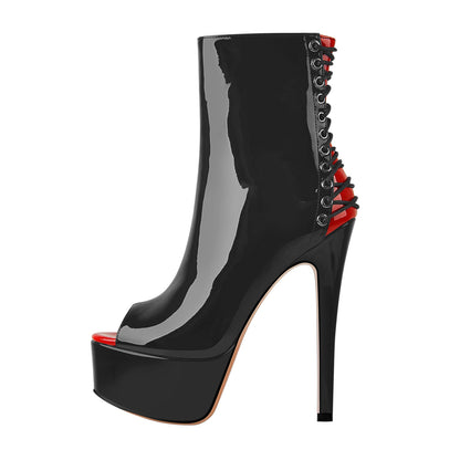 Red Peep Toe Patent Leather Zipper Ankle Boots - Onlymaker