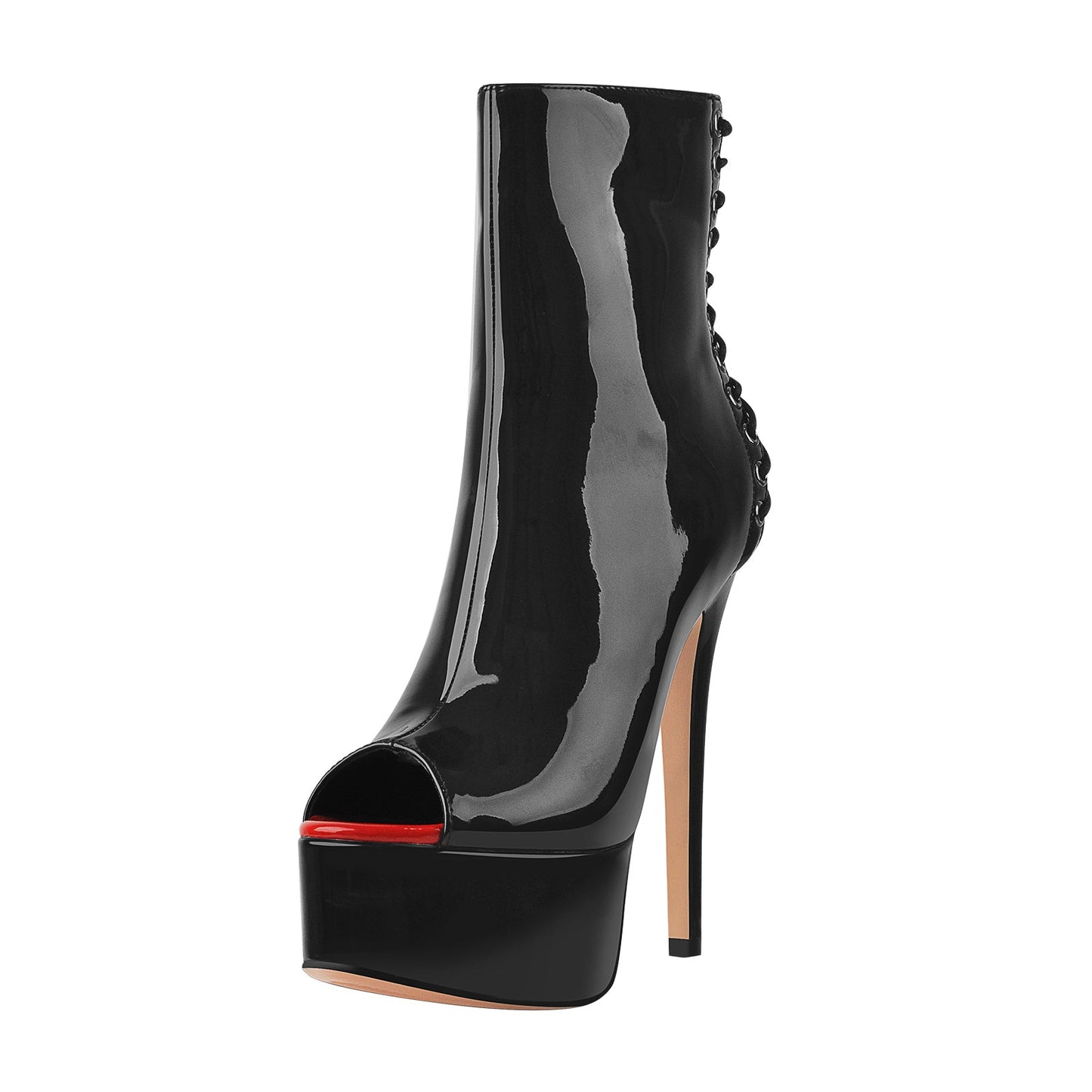Red Peep Toe Patent Leather Zipper Ankle Boots - Onlymaker