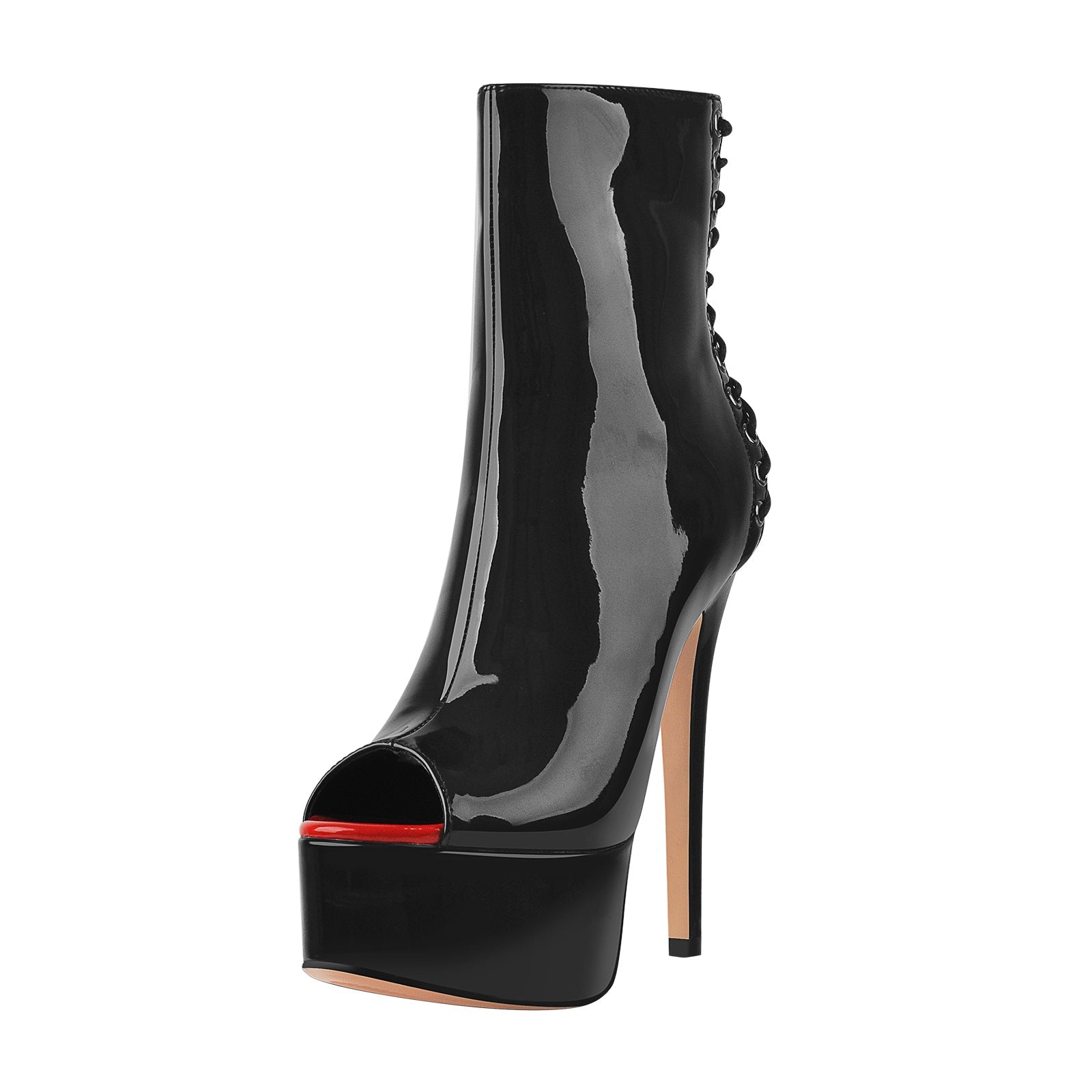 Red Peep Toe Patent Leather Zipper Ankle Boots - Onlymaker