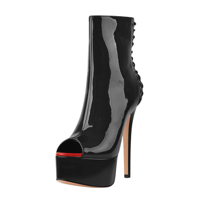 Red Peep Toe Patent Leather Zipper Ankle Boots - Onlymaker