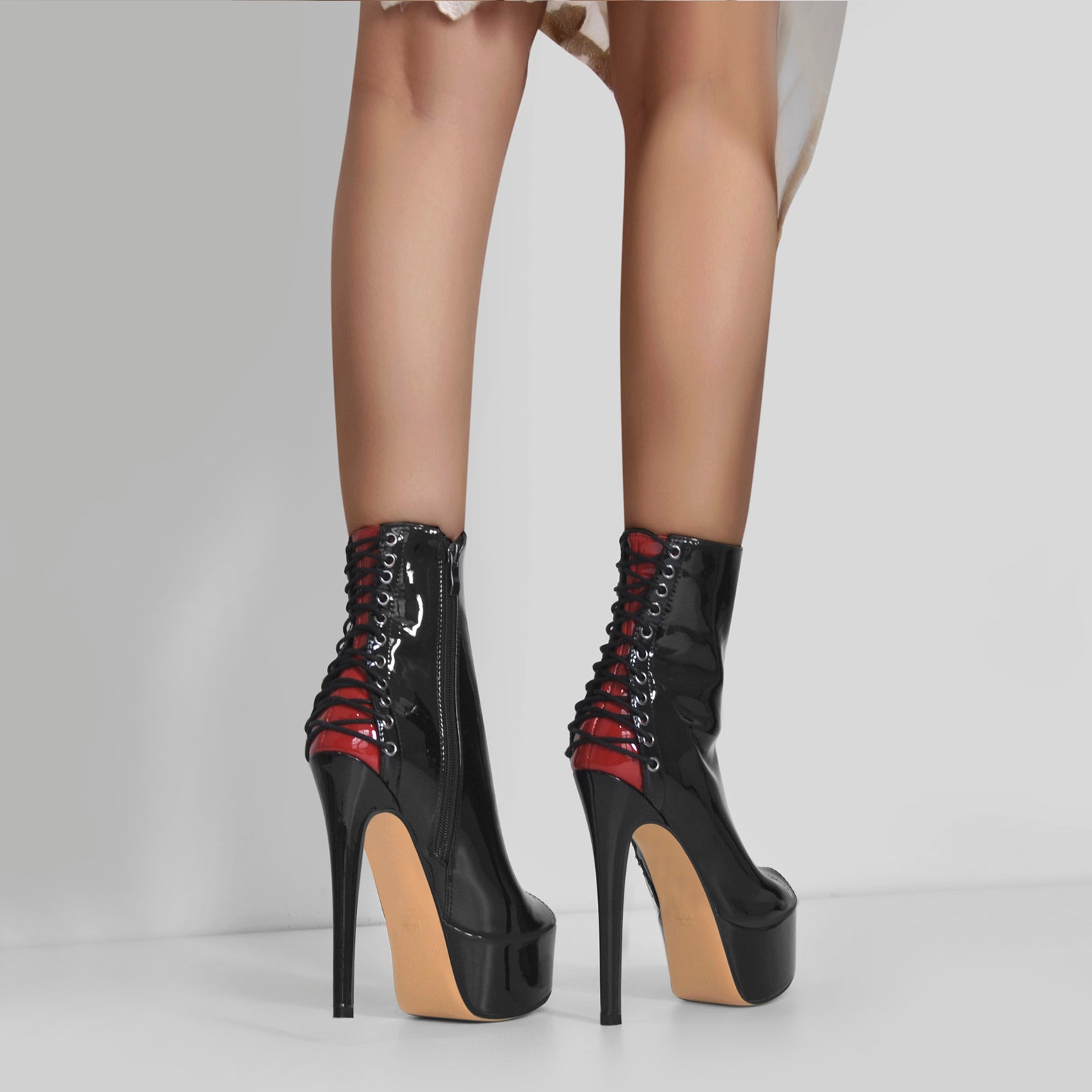 Red Peep Toe Patent Leather Zipper Ankle Boots - Onlymaker