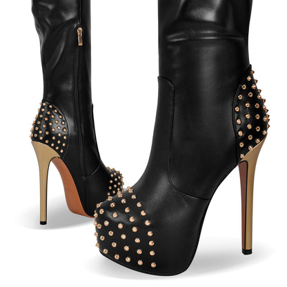 Round Toe Stiletto Rivet Over The Knee Boots - Onlymaker
