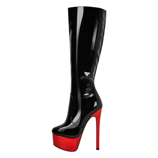 Black Round Toe Stiletto Platform Zipper Boots - Onlymaker