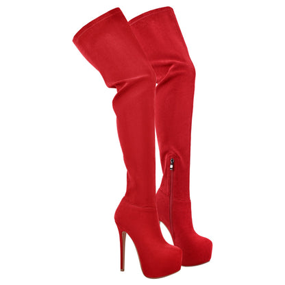 Round Toe Stiletto Platform Over The Knee Boots - Onlymaker