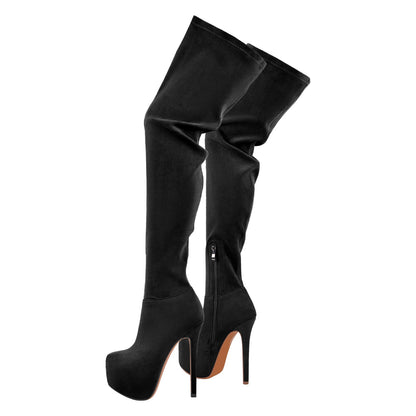 Round Toe Stiletto Platform Over The Knee Boots - Onlymaker