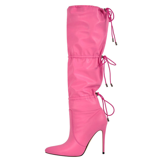 Pointed Toe Lace-up Stiletto Knee High Boots - Onlymaker