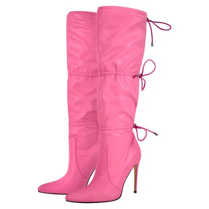 Pointed Toe Lace-up Stiletto Knee High Boots - Onlymaker