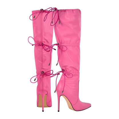 Pointed Toe Lace-up Stiletto Knee High Boots - Onlymaker