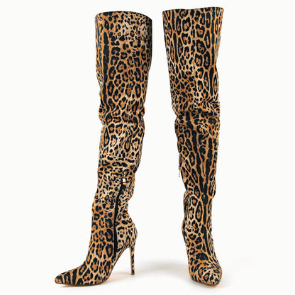 Red Leopard Pointed Toe Over The Knee Stiletto Boots - Onlymaker