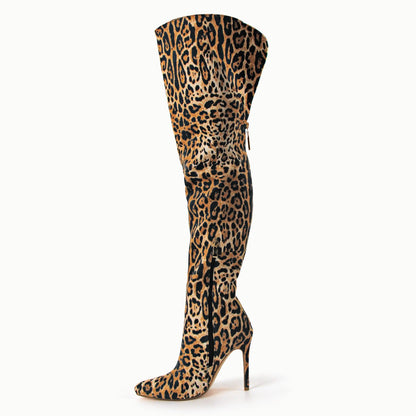 Red Leopard Pointed Toe Over The Knee Stiletto Boots - Onlymaker