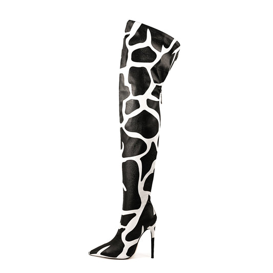 Cow Print Over The Knee Stiletto Boots - Onlymaker