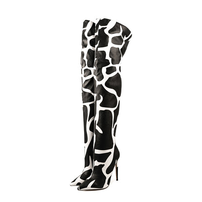 Cow Print Over The Knee Stiletto Boots - Onlymaker
