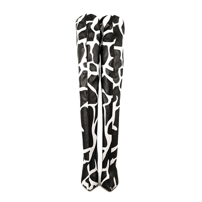 Cow Print Over The Knee Stiletto Boots - Onlymaker