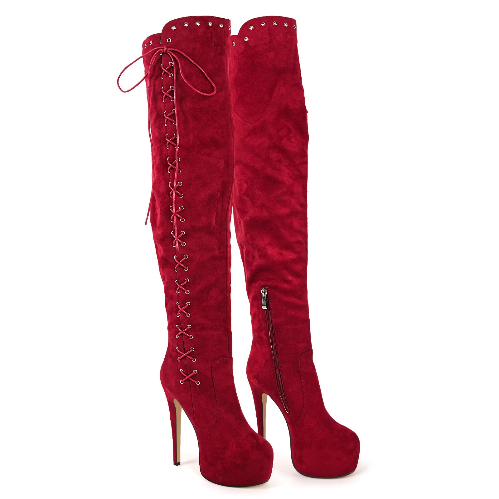 Platform Suede Lace-up Over The Knee Boots - Onlymaker