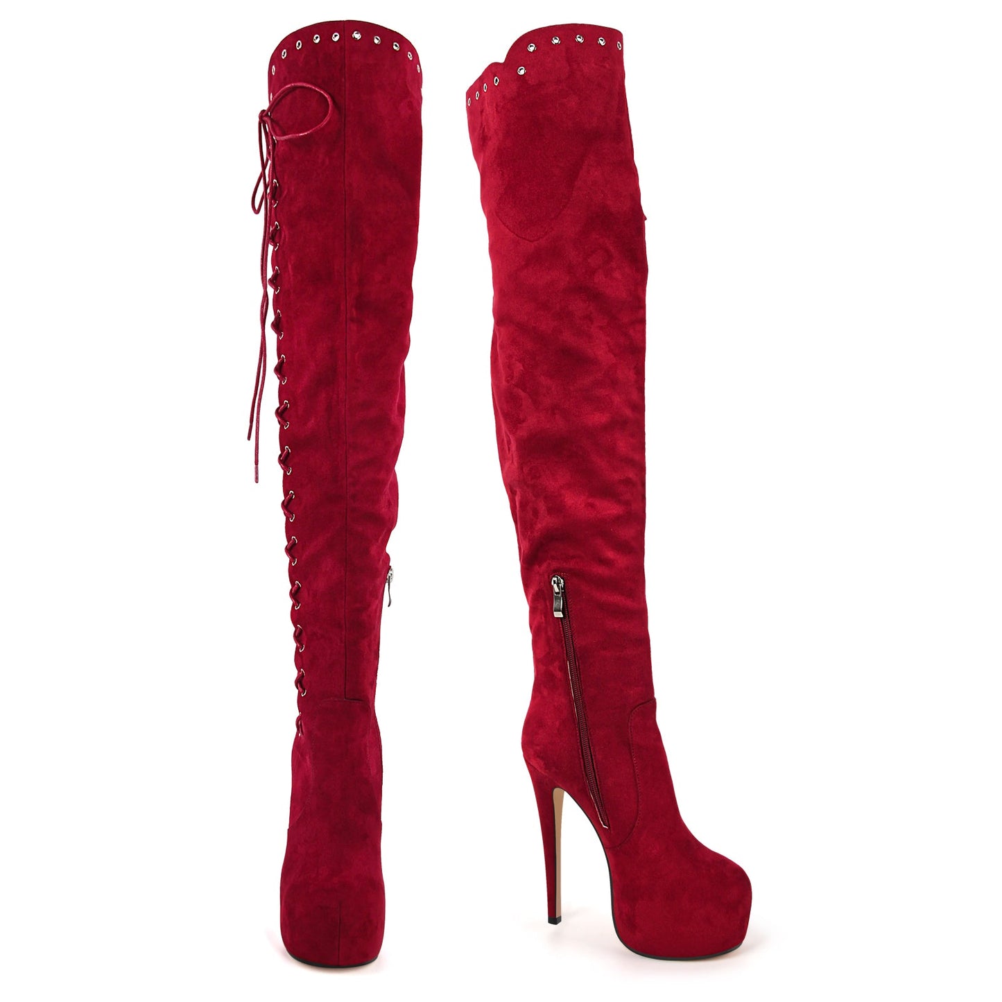 Platform Suede Lace-up Over The Knee Boots - Onlymaker