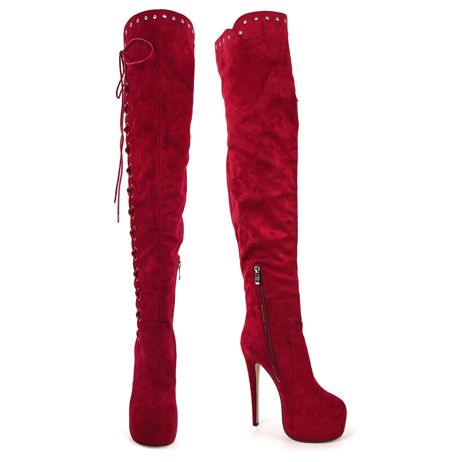 Platform Suede Lace-up Over The Knee Boots - Onlymaker