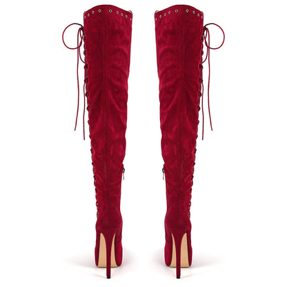 Platform Suede Lace-up Over The Knee Boots - Onlymaker