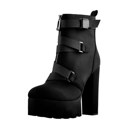 Platform Round Toe Zipper Strap Chunky High Heels Ankle Boots - Onlymaker