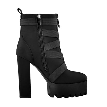 Platform Round Toe Zipper Strap Chunky High Heels Ankle Boots - Onlymaker