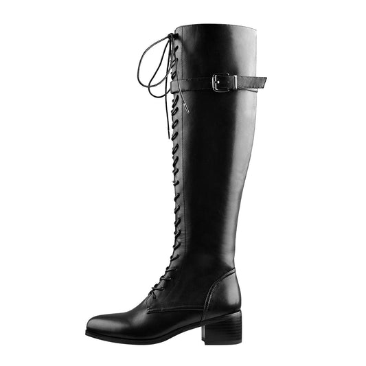 Round Toe Lace Up Sturdy Heel Side Zipper Knee High Boots - Onlymaker