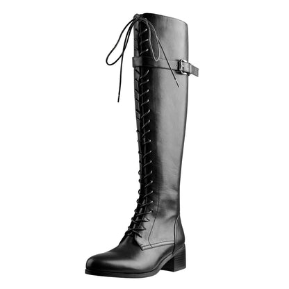 Round Toe Lace Up Sturdy Heel Side Zipper Knee High Boots - Onlymaker