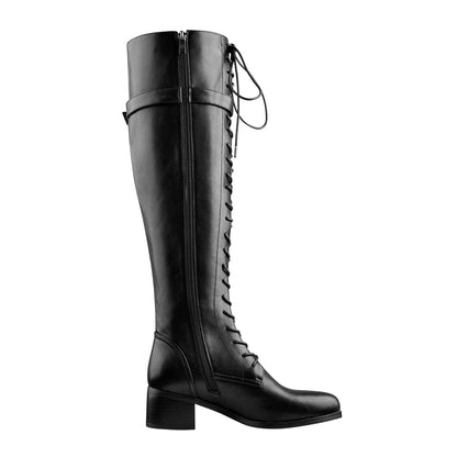 Round Toe Lace Up Sturdy Heel Side Zipper Knee High Boots - Onlymaker