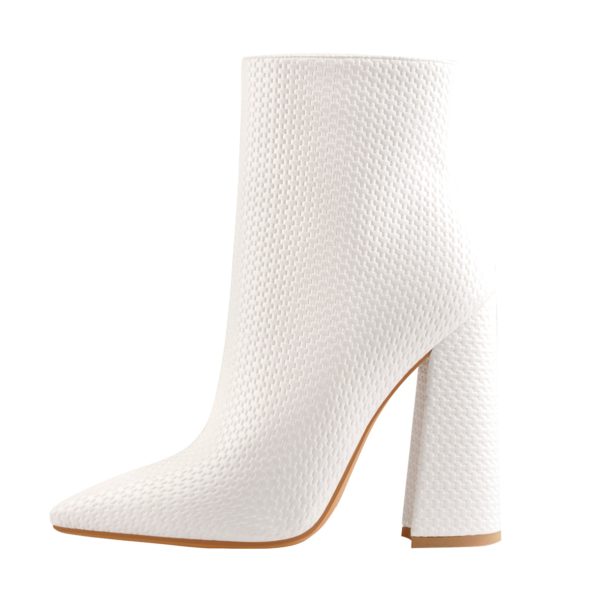 White Woven Pattern Back Zipper Squre Chunky Heel Ankle Boots - Onlymaker