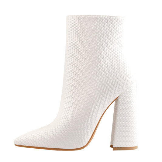 White Woven Pattern Back Zipper Squre Chunky Heel Ankle Boots - Onlymaker