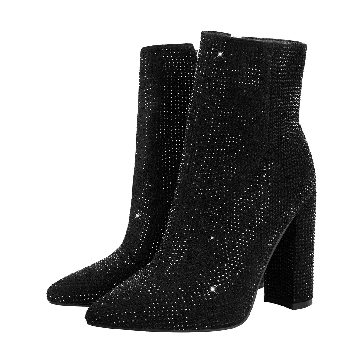 Pointed Toe Rhinestone Chunky Heel Ankle Boots - Onlymaker