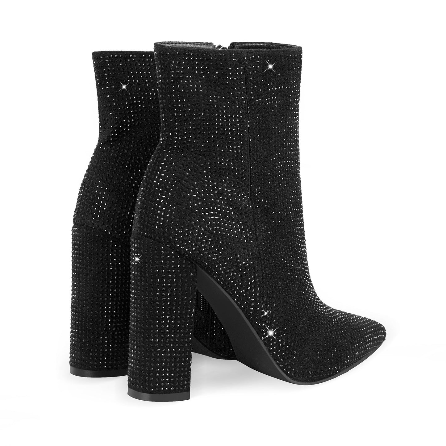 Pointed Toe Rhinestone Chunky Heel Ankle Boots - Onlymaker